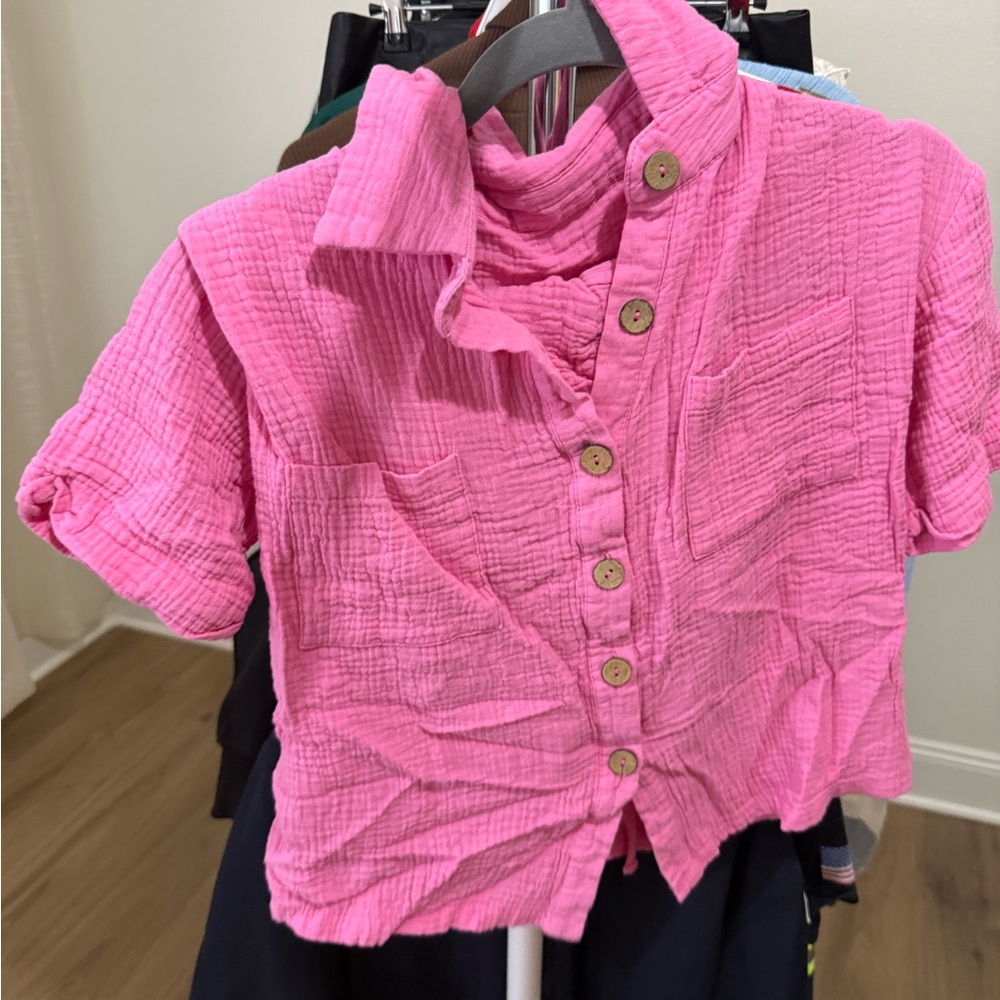 SHEIN Hot Pink Button-Front  2 piece set Swim Coverup Shirt